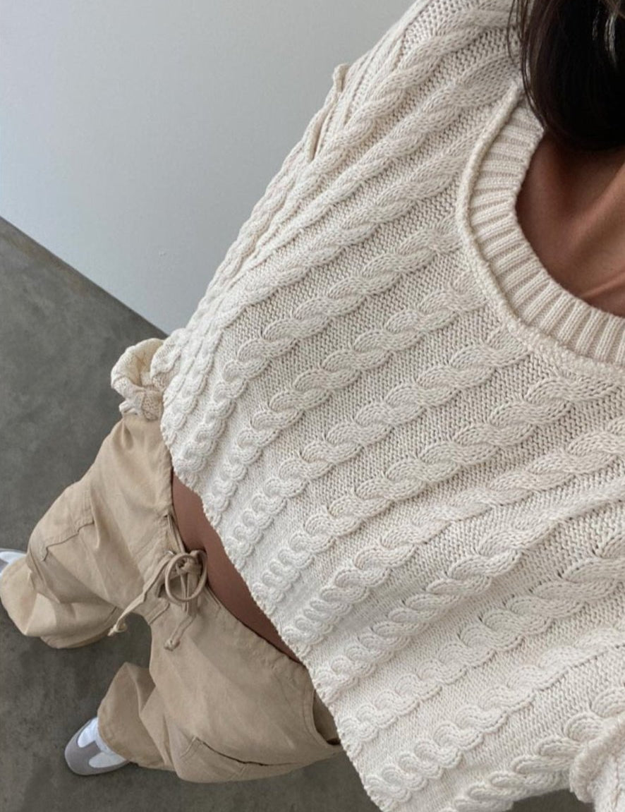 Cable Knit Cropped Sweater in Cream - Highly Praise