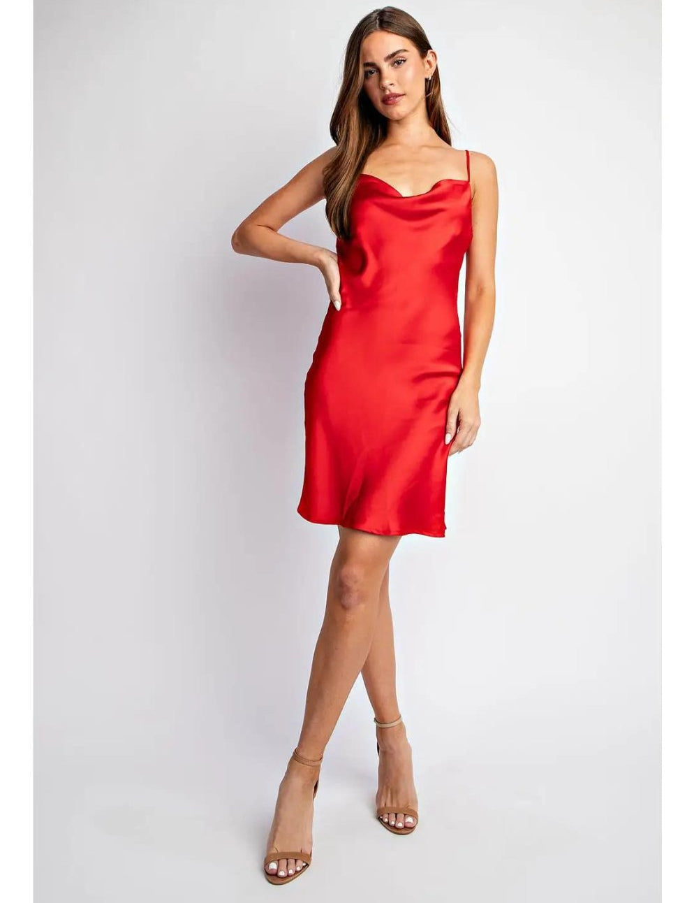 Cowl Neck Satin Cami Dress in Scarlet - Highly Praise