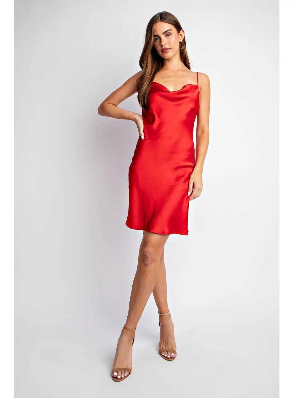 Cowl Neck Satin Cami Dress in Scarlet1