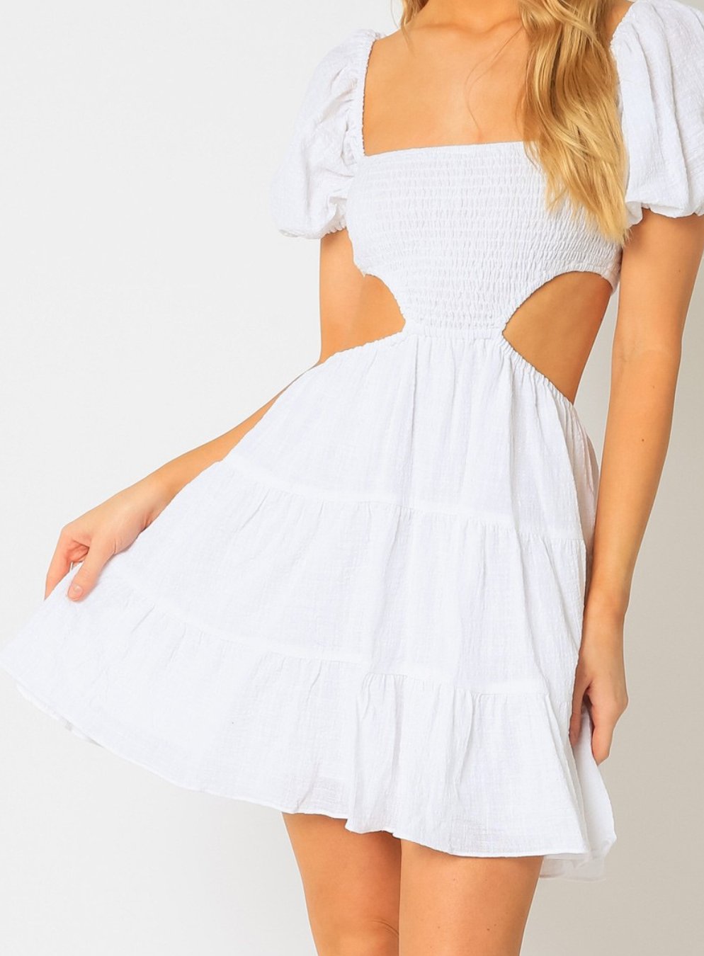 white cut out mini dress Gauze Smocking Mini Cut Out Dress – Highly Praise