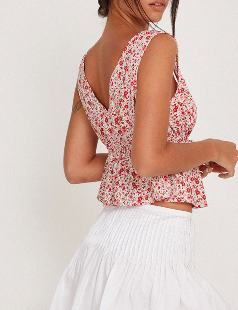 Rolia Tie Top In Ditsy Floral Blush Red - Highly Praise