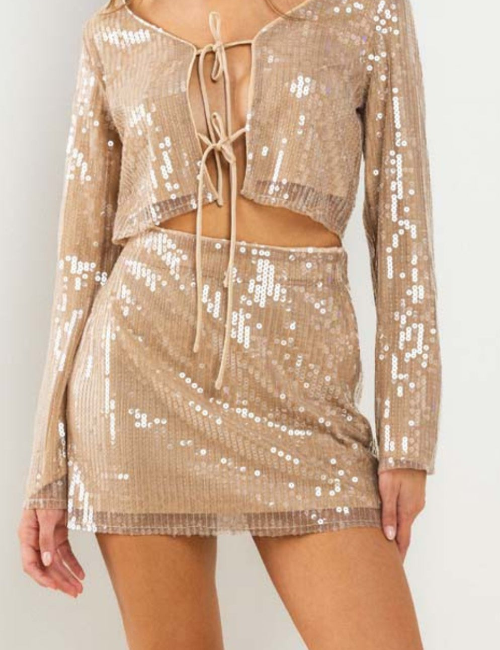 Sequin Mid Rise Mini Skirt in Taupe - Highly Praise