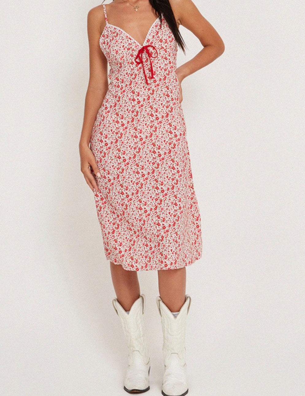 Sharon Midi Dress In Red Ditsy Floral - Highly Praise