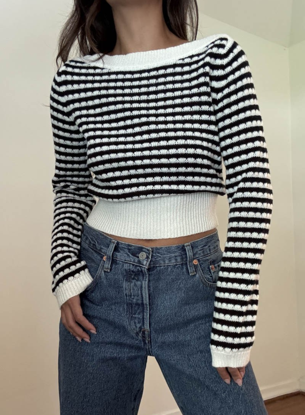Boat Neck Striped Long Sleeve Top