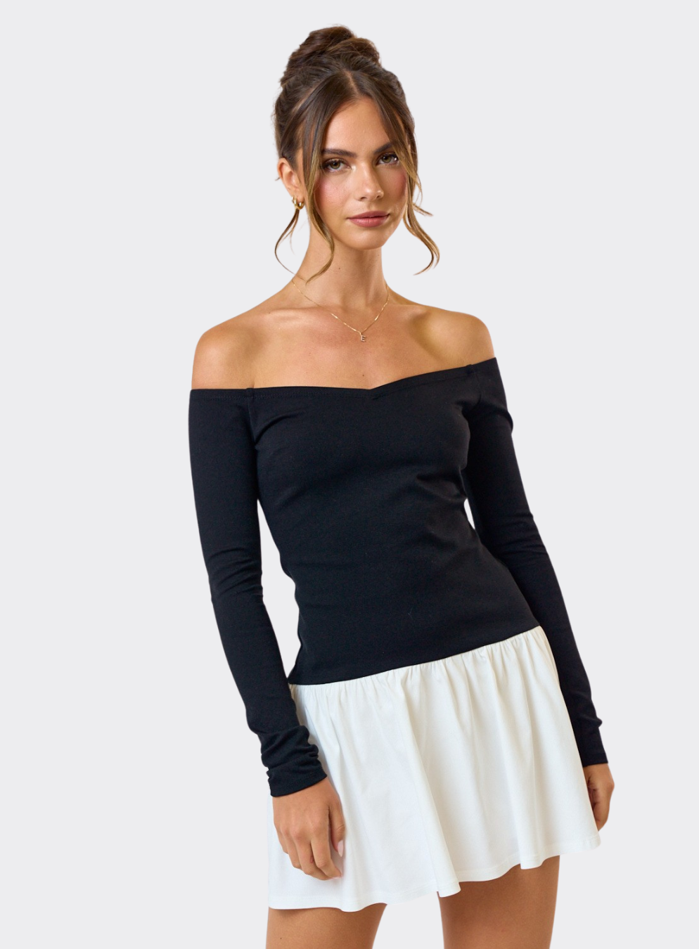 Contrast Patchwork Off Shoulder Flared Mini Dress - S / BLACK Contrast Patchwork Off Shoulder Flared Mini Dress - S / BLACK