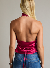 Cowl Neck Satin Top with Back Tie-Closure