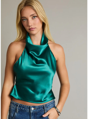 Cowl Neck Satin Top with Back Tie-Closure