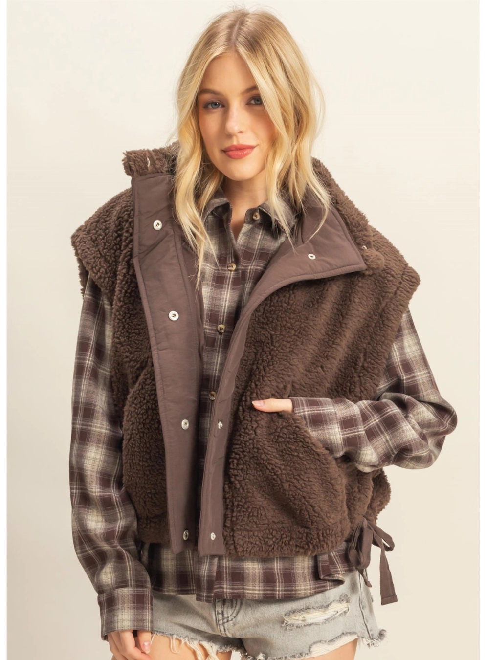 Cozy Sherpa Vest Jacket with Tie-Up Side Details