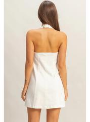 Denim Halter Neck Front Zip Up Mini Dress