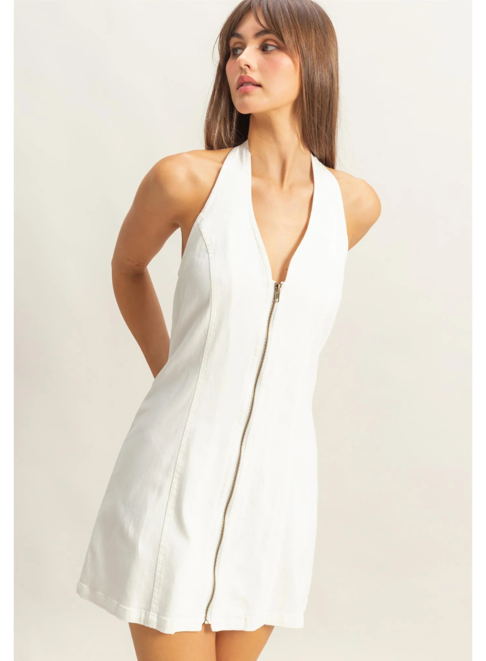 Denim Halter Neck Front Zip Up Mini Dress