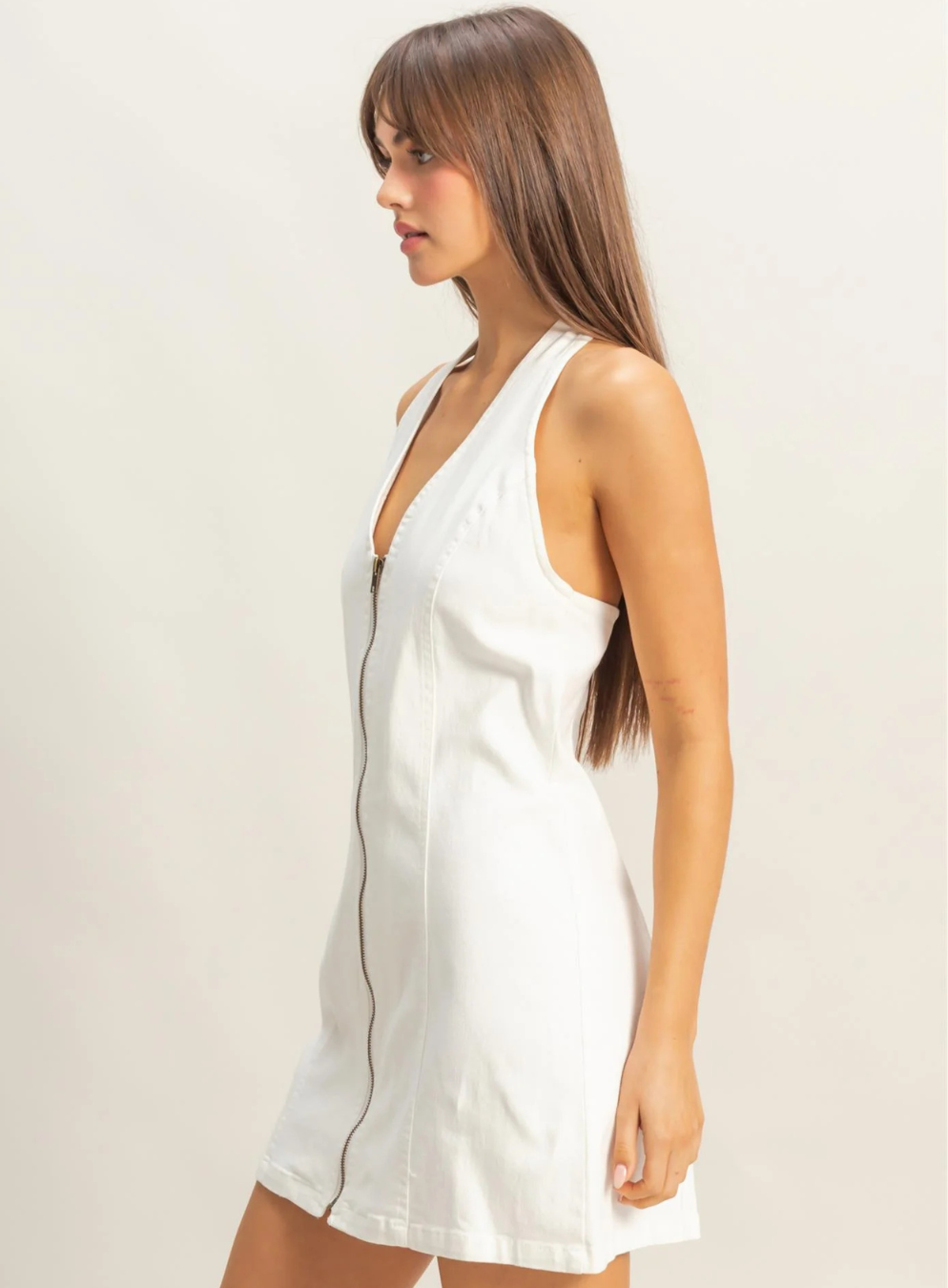 Denim Halter Neck Front Zip Up Mini Dress Highly Praise Denim Halter Neck Front Zip Up Mini Dress Highly Praise