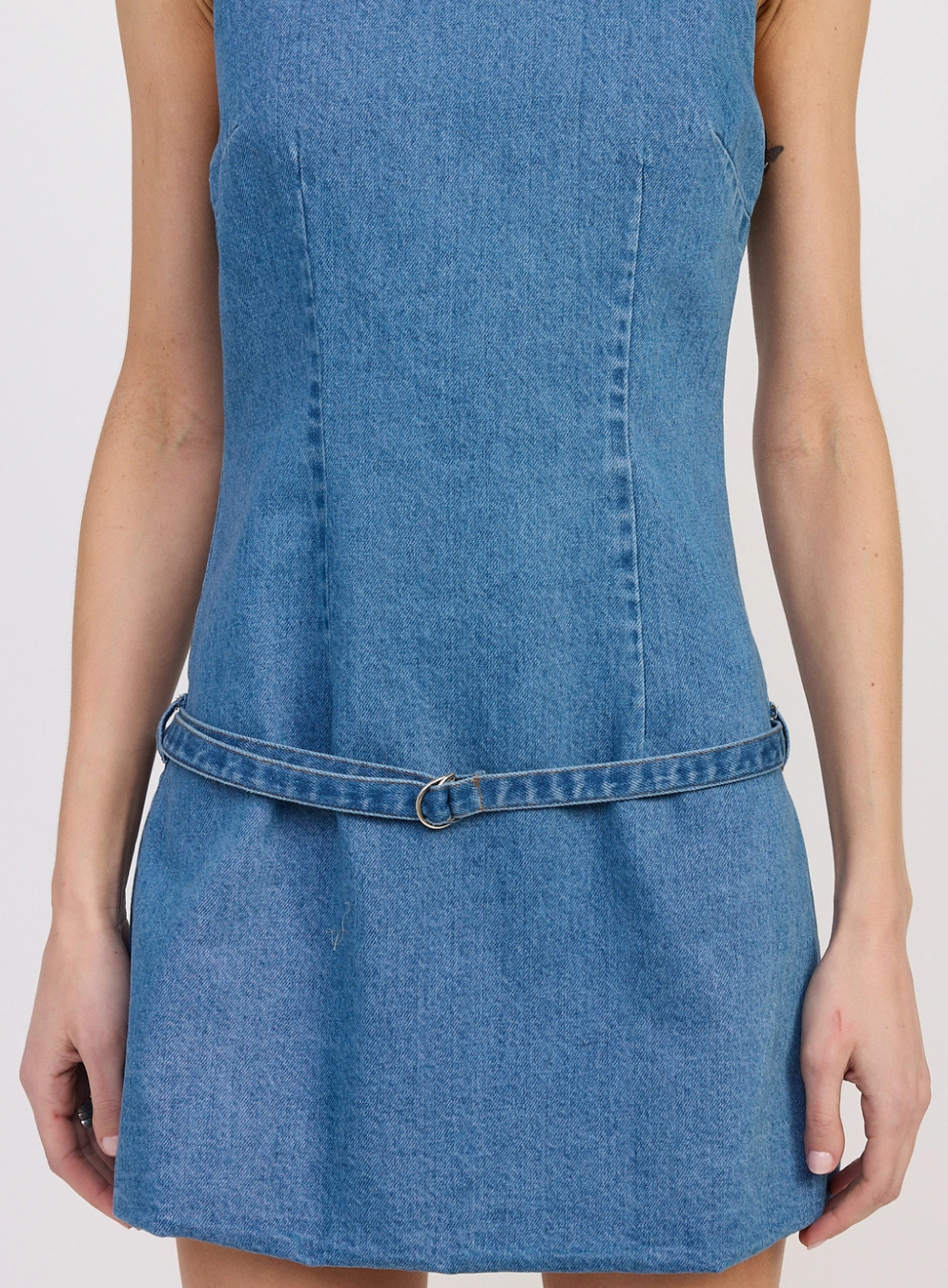 Denim Mini Dress with Low Waist Belt Highly Praise Denim Mini Dress with Low Waist Belt Highly Praise