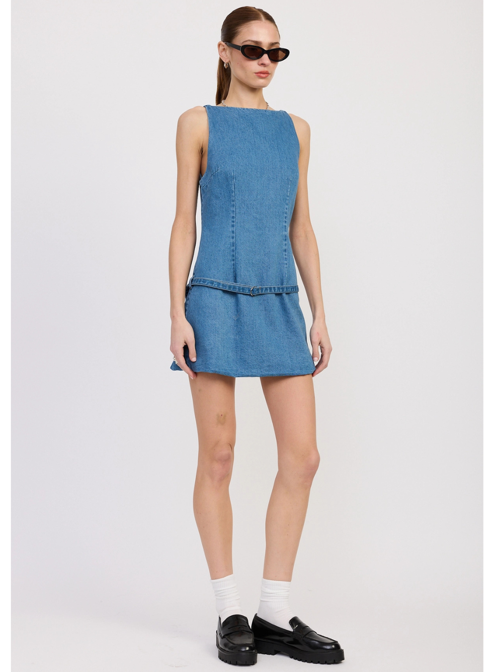 Denim Mini Dress with Low Waist Belt