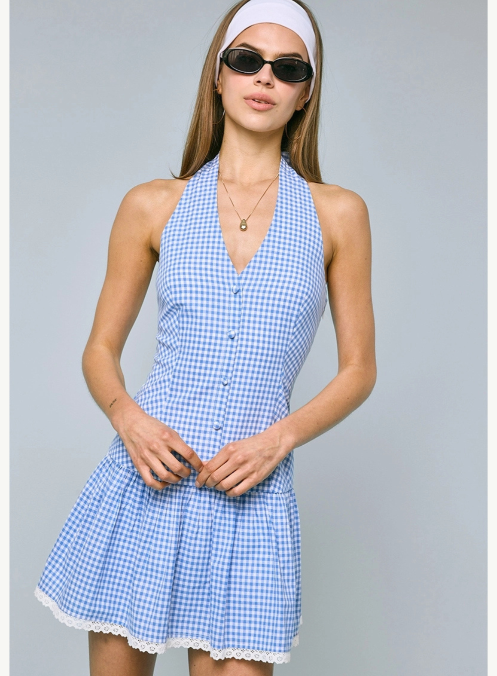 Emilia Checker Mini Halter Dress - S / BLUE Emilia Checker Mini Halter Dress - S / BLUE