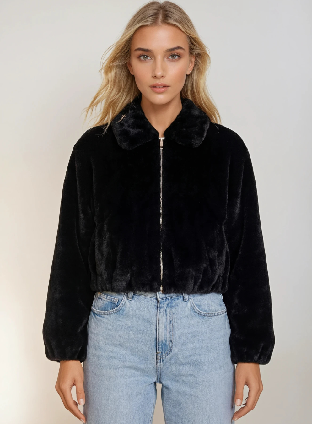 Faux Fur Zip Up Jacket with Collar