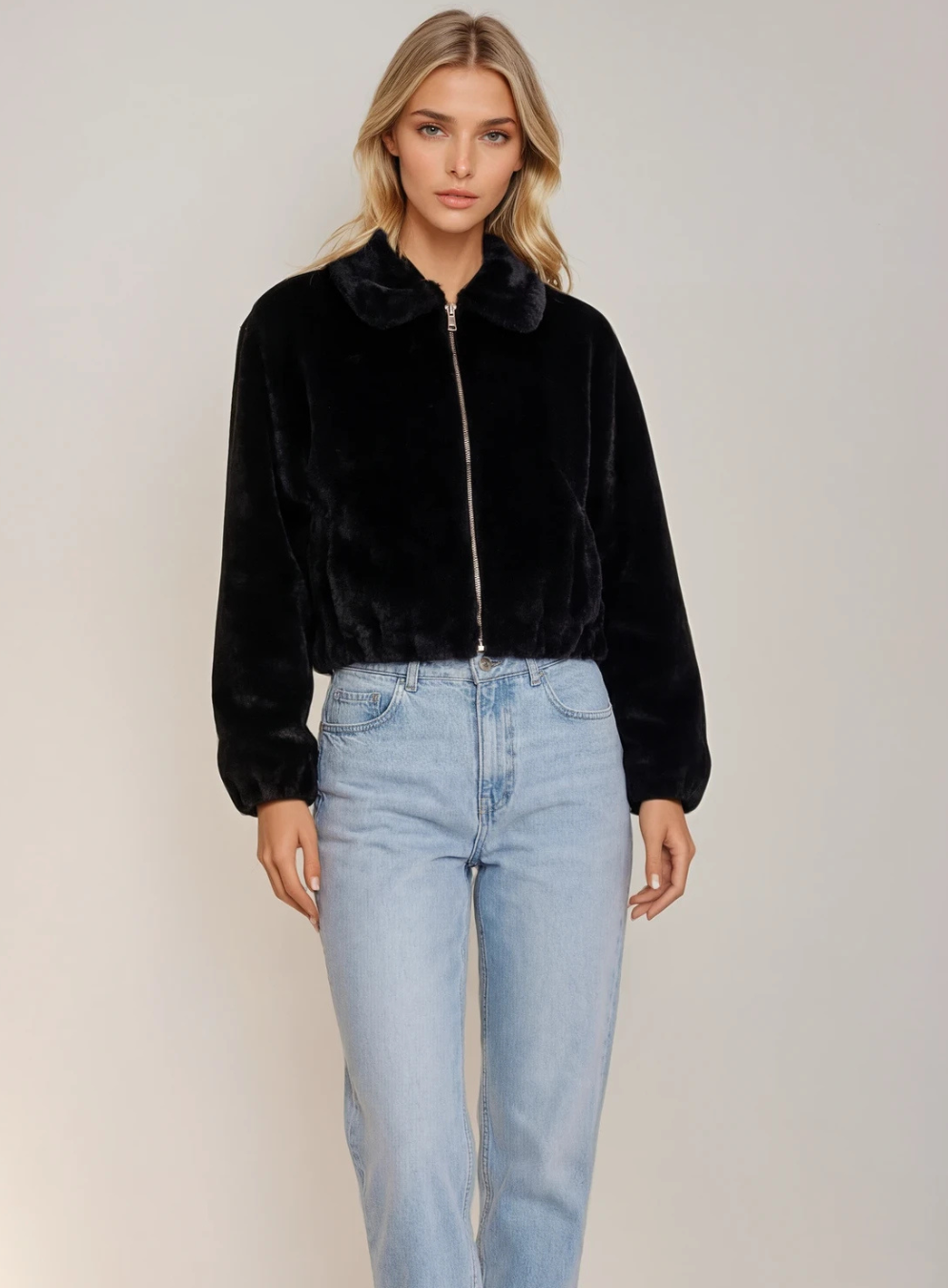 Faux Fur Zip Up Jacket with Collar
