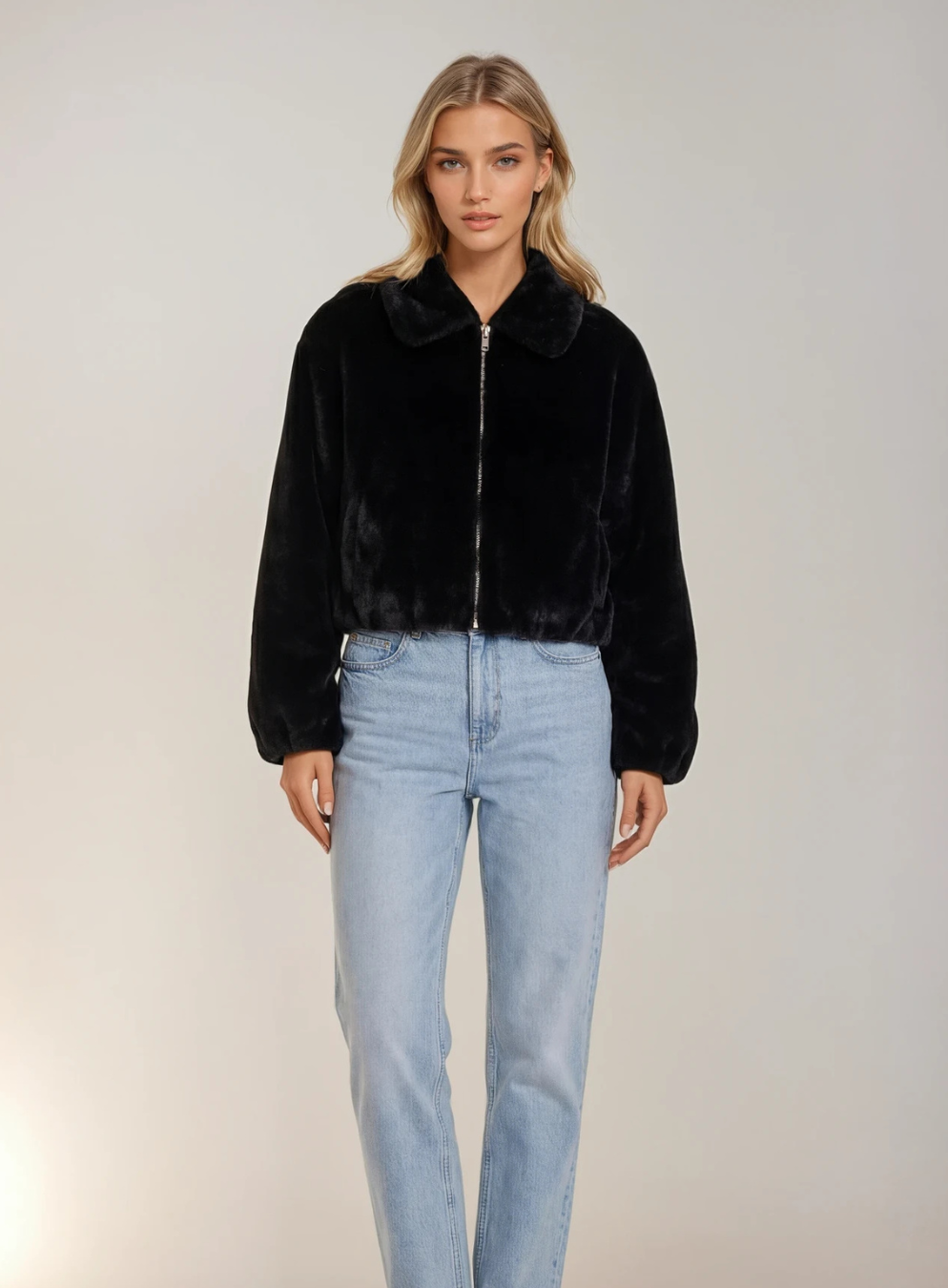 Faux Fur Zip Up Jacket with Collar