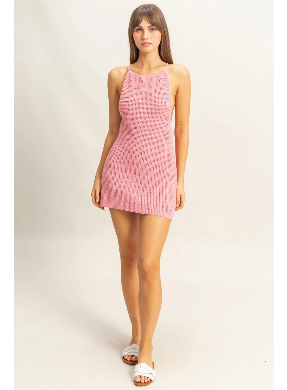 Halter Open Back Knit Coverup Mini Dress