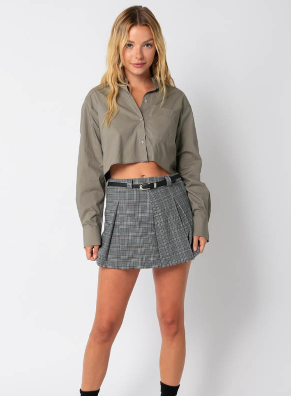 Inverted Pleated Mini Skirt in Green Grey