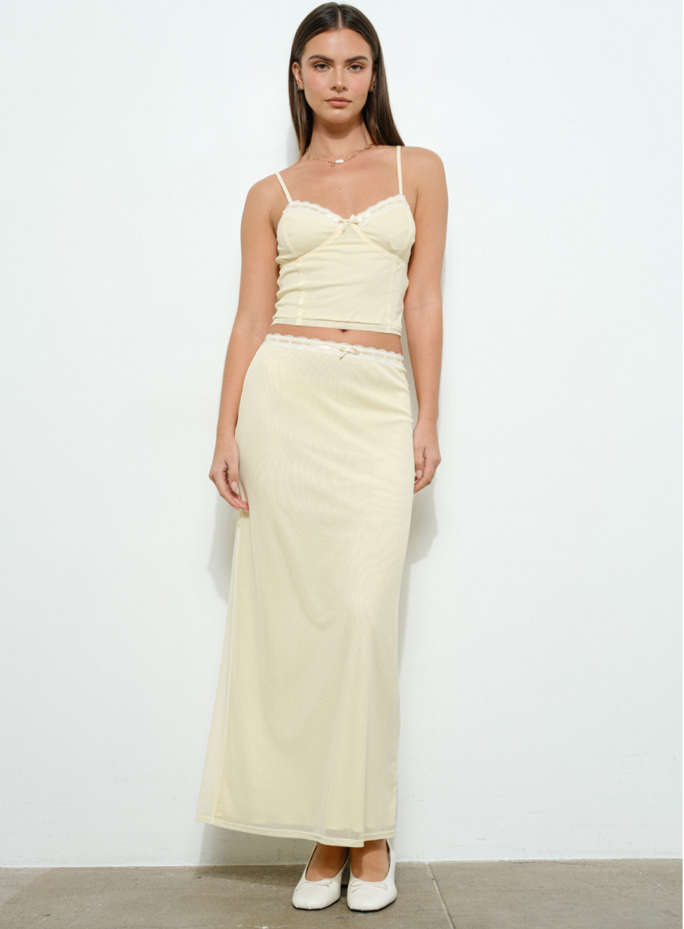 Lace Trim Mesh Long Skirt