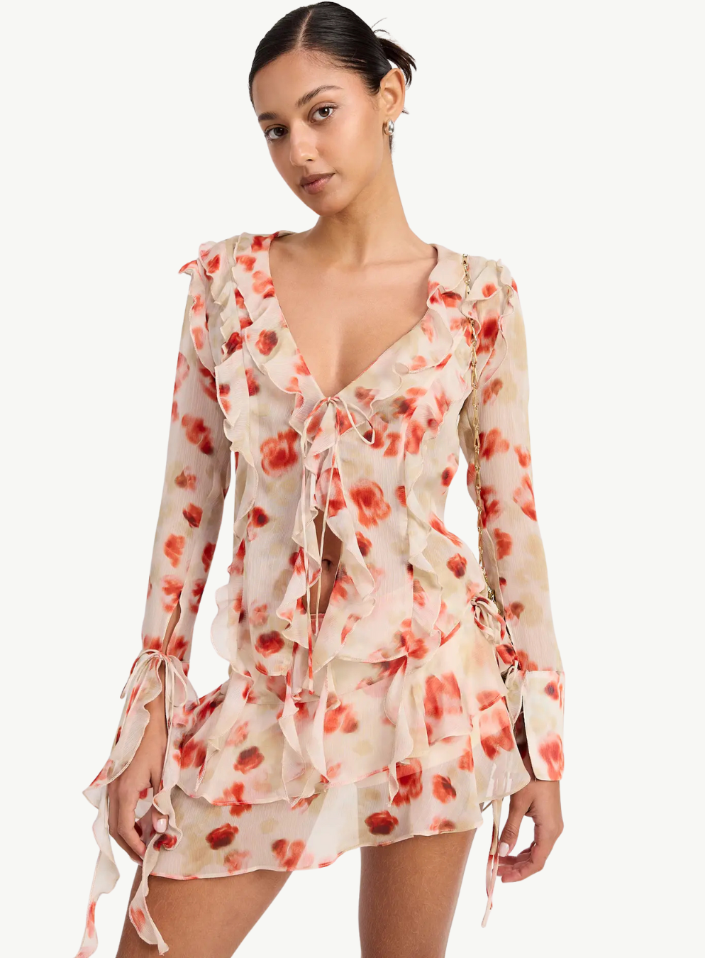 Layered Ruffle Mini Skirt in Sheer Floral Print