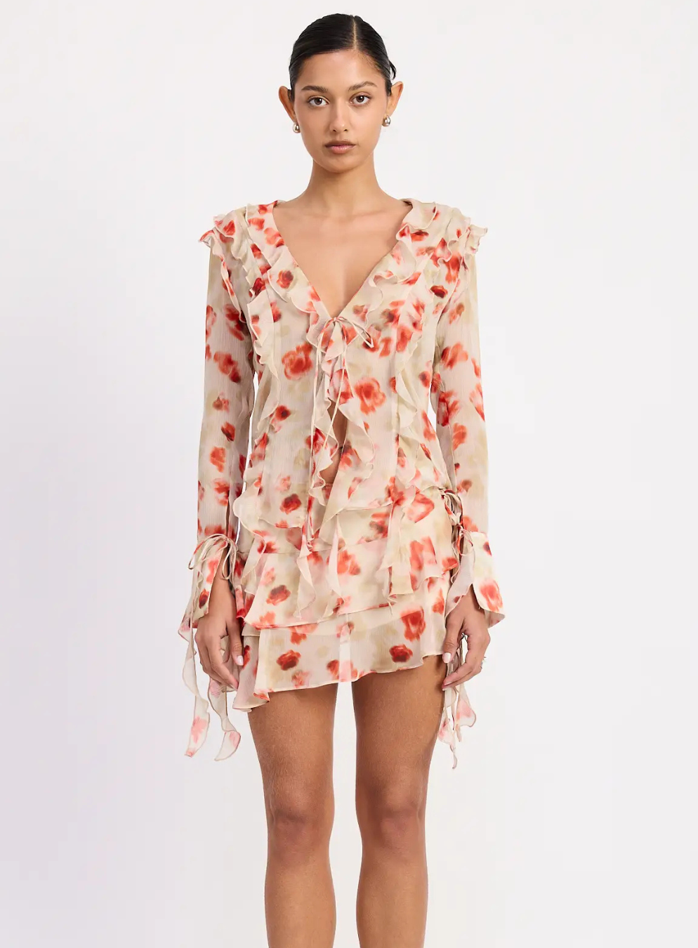 Layered Ruffle Mini Skirt in Sheer Floral Print