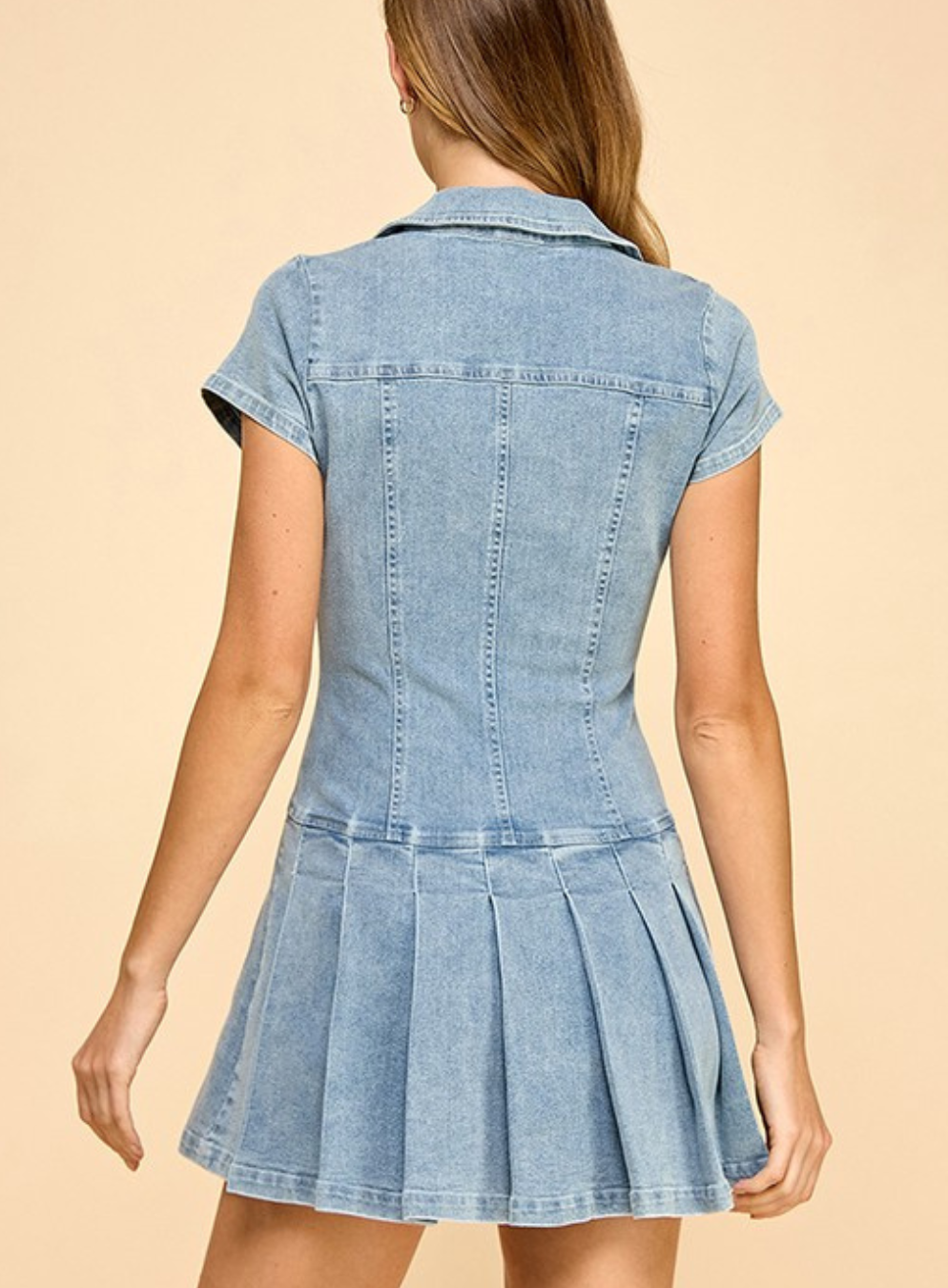 Light Wash Denim Zip Up Pleated Mini Dress