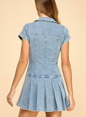 Light Wash Denim Zip Up Pleated Mini Dress