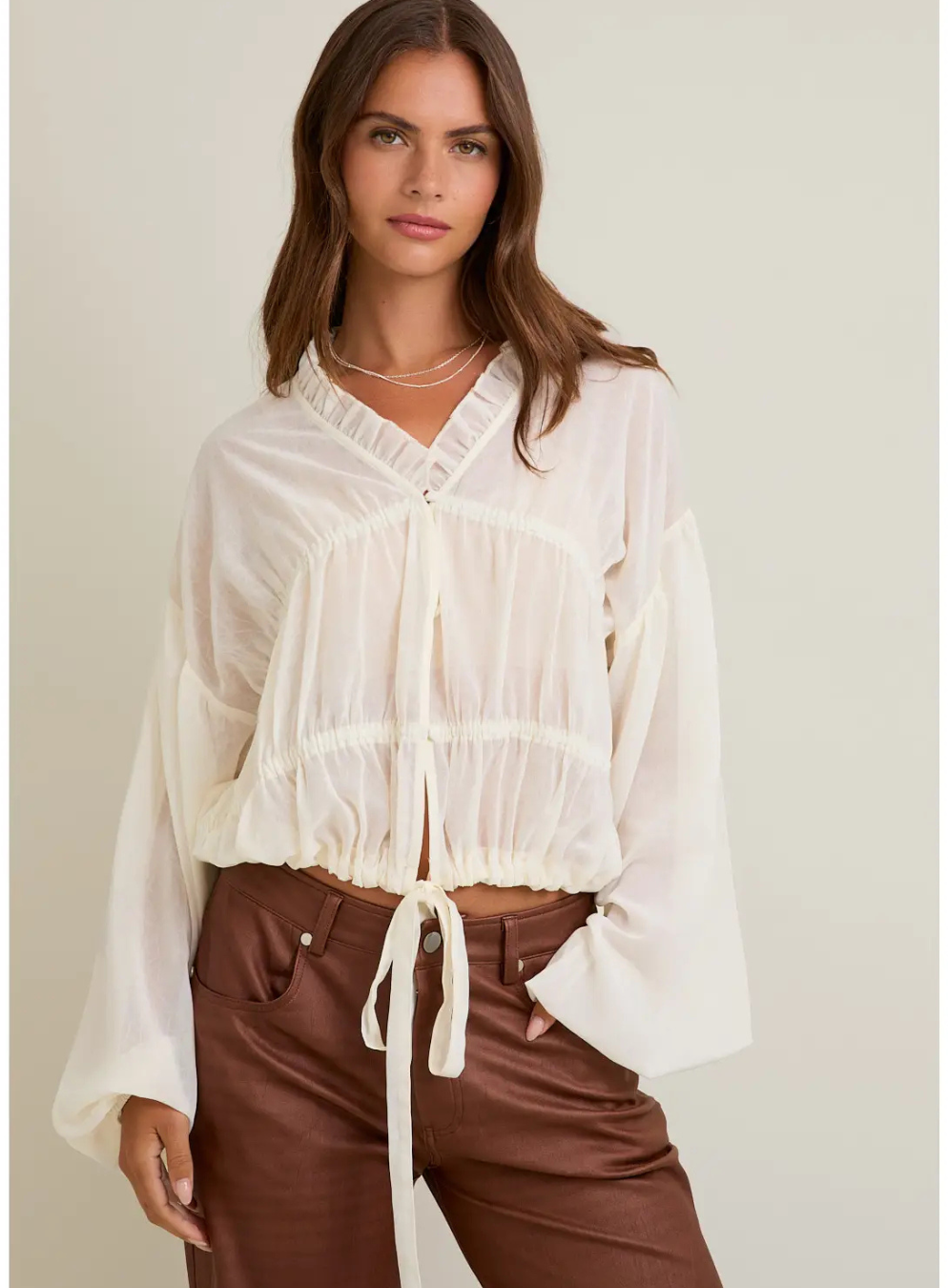Long Sleeves Blouse Top with Ruffle Detail On Neckline