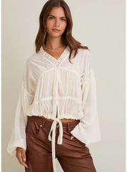 Long Sleeves Blouse Top with Ruffle Detail On Neckline