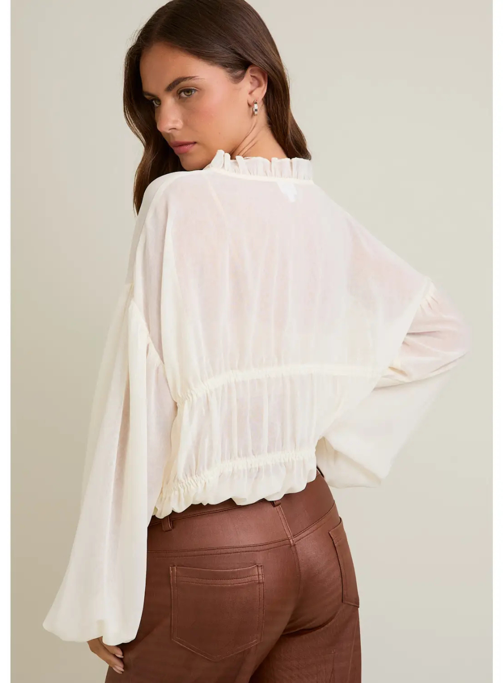 Long Sleeves Blouse Top with Ruffle Detail On Neckline