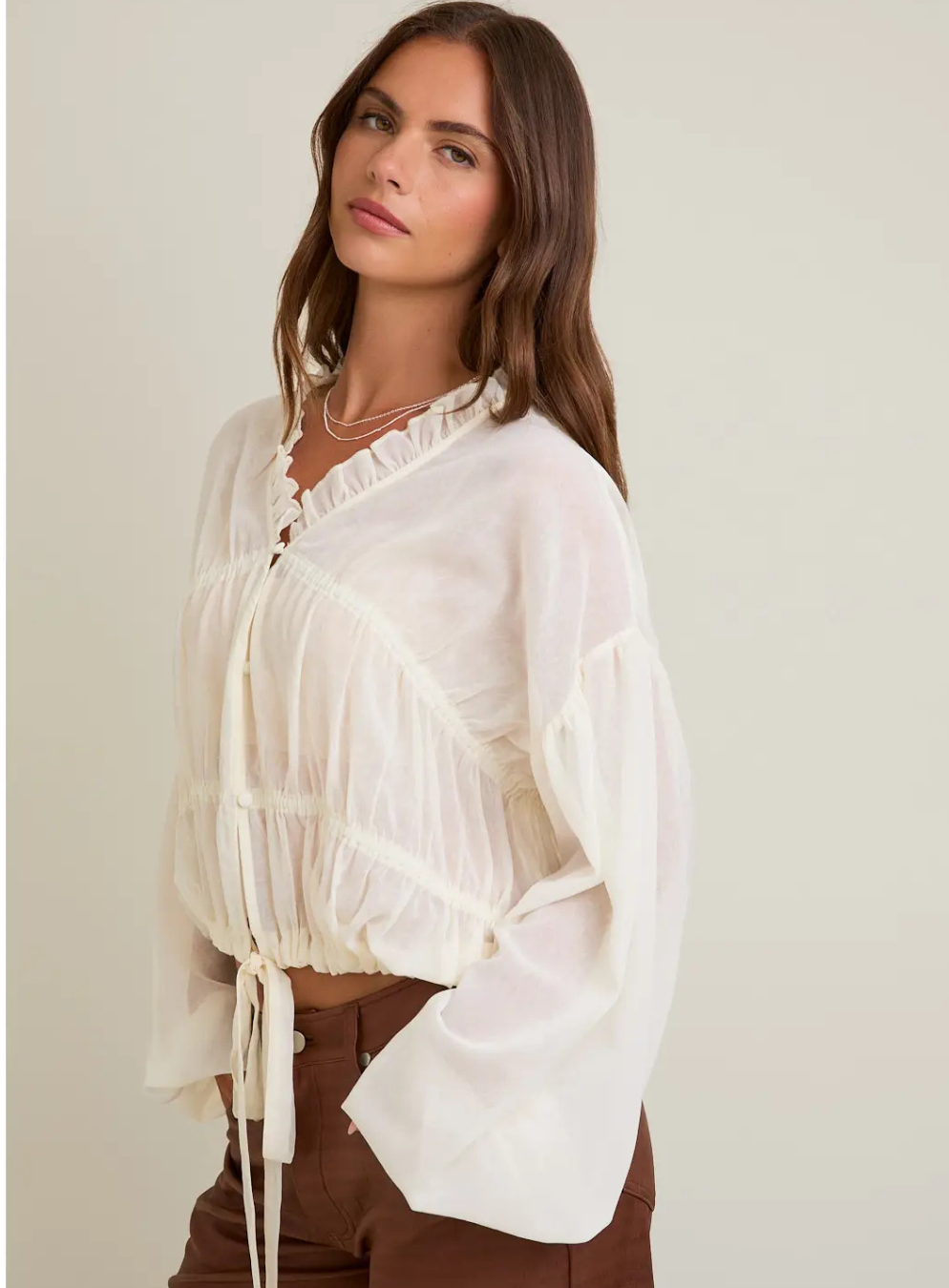 Long Sleeves Blouse Top with Ruffle Detail On Neckline