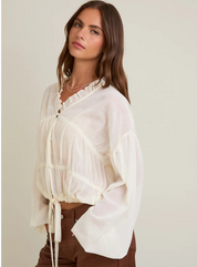 Long Sleeves Blouse Top with Ruffle Detail On Neckline