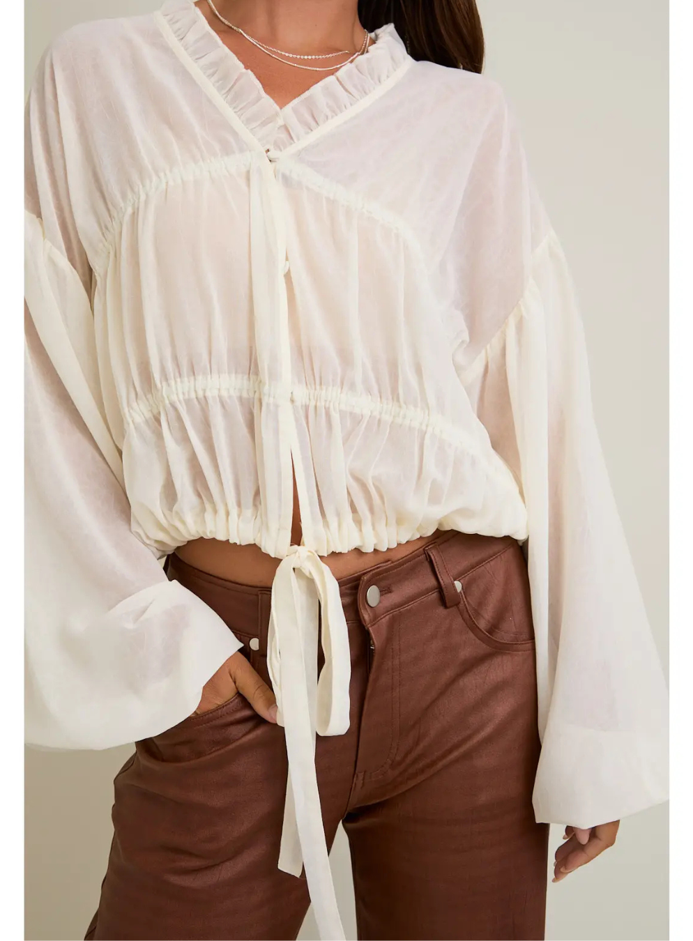 Long Sleeves Blouse Top with Ruffle Detail On Neckline