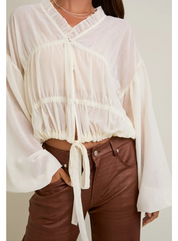 Long Sleeves Blouse Top with Ruffle Detail On Neckline