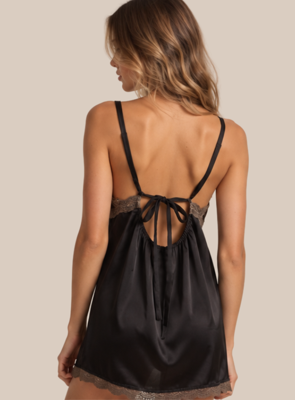 Mocha Satin Lace-Back Mini Dress