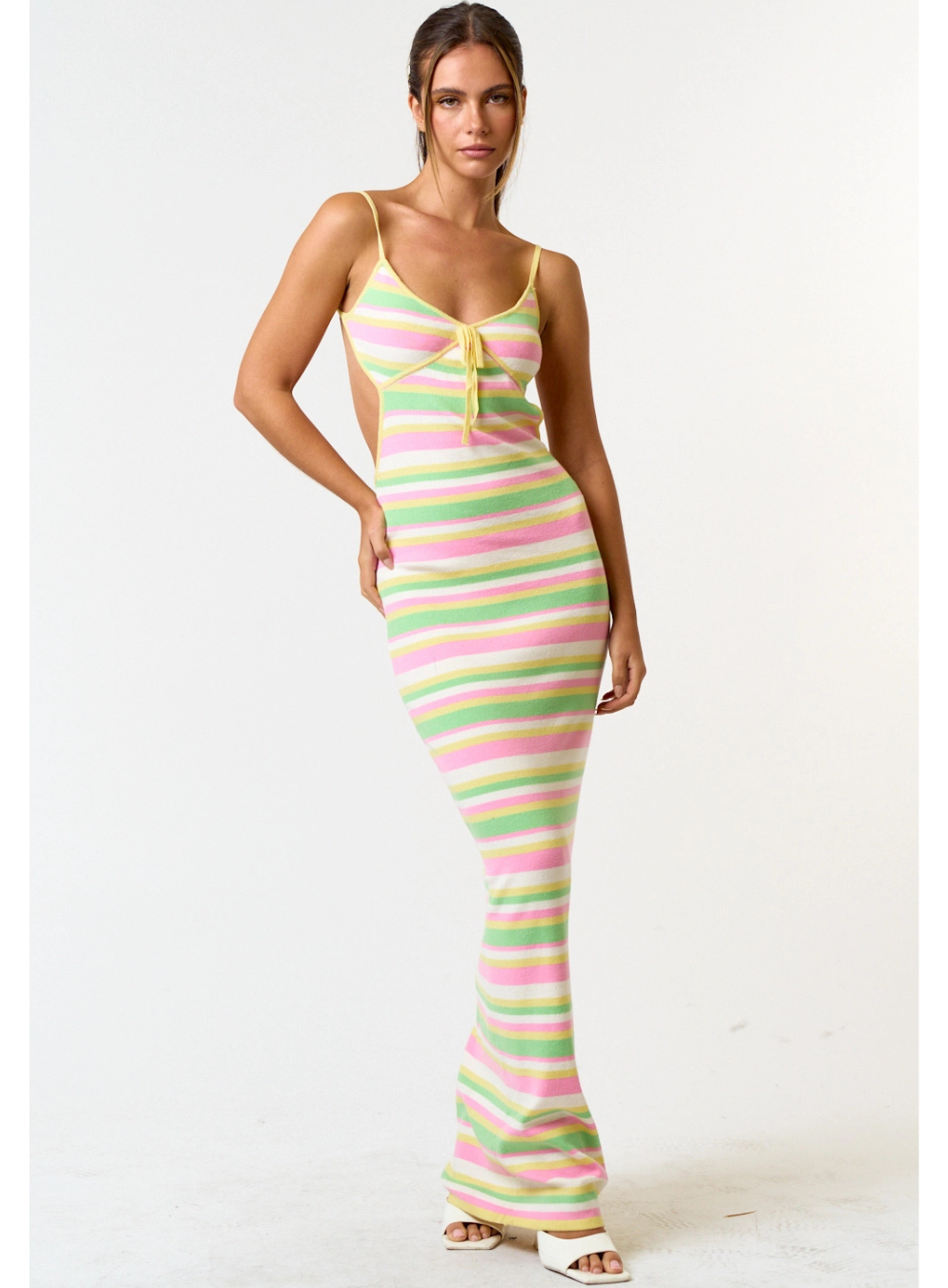 Multi Stripe Open Back Tie Sleeveless Sweater Dress
