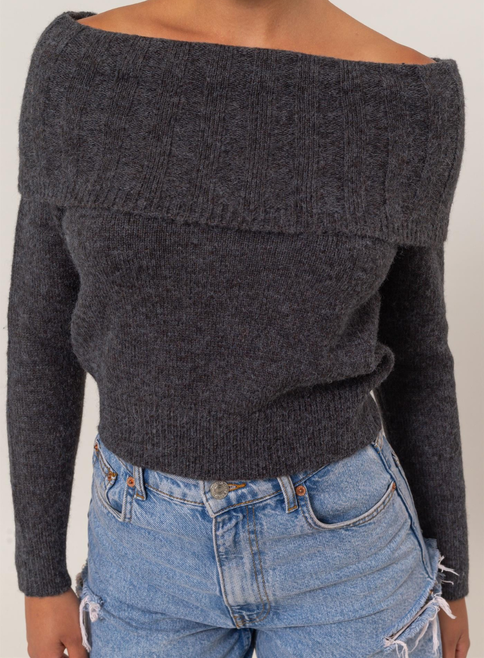 Off-Shoulder Sweater Top in Charcoal