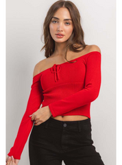 Off Shoulder Tie Sweater in Red