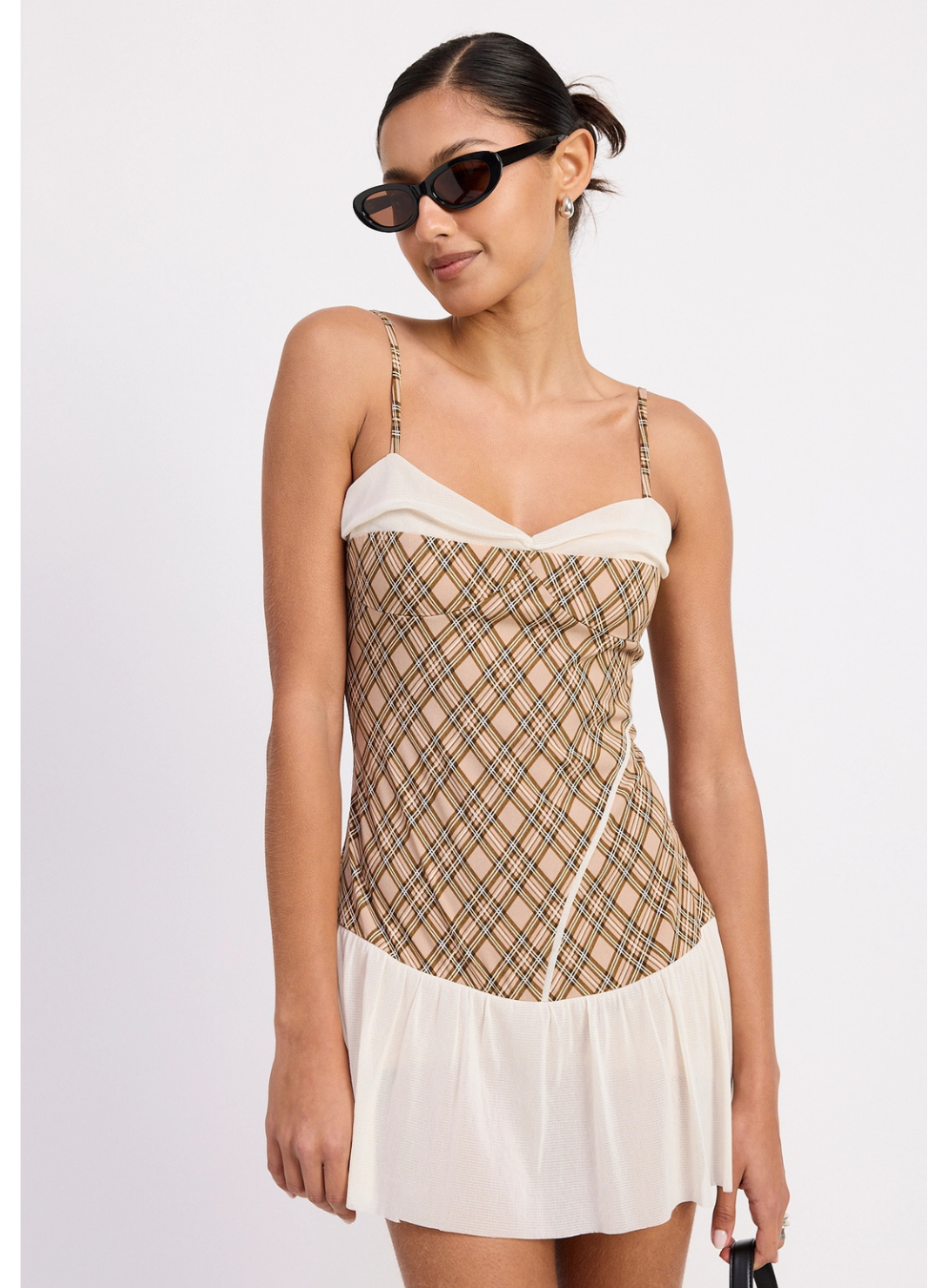 Plaid Ruched Mini Dress with  Contrast Trim