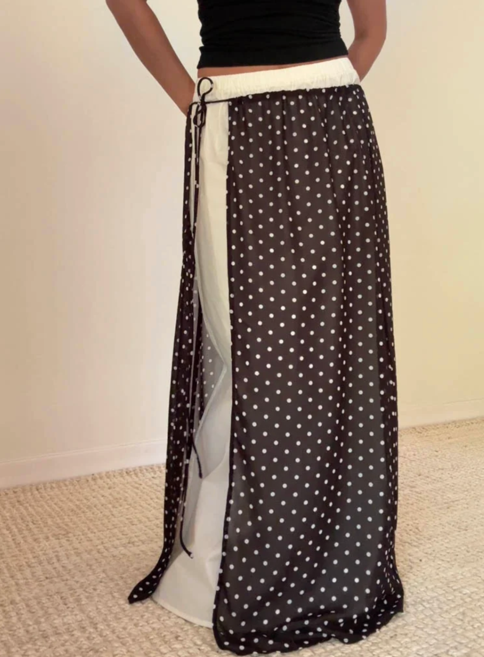 Polka Dot Tie Waist Chiffon Maxi Skirt