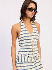 Stevie Stripped Knit Halter Top with Button Front