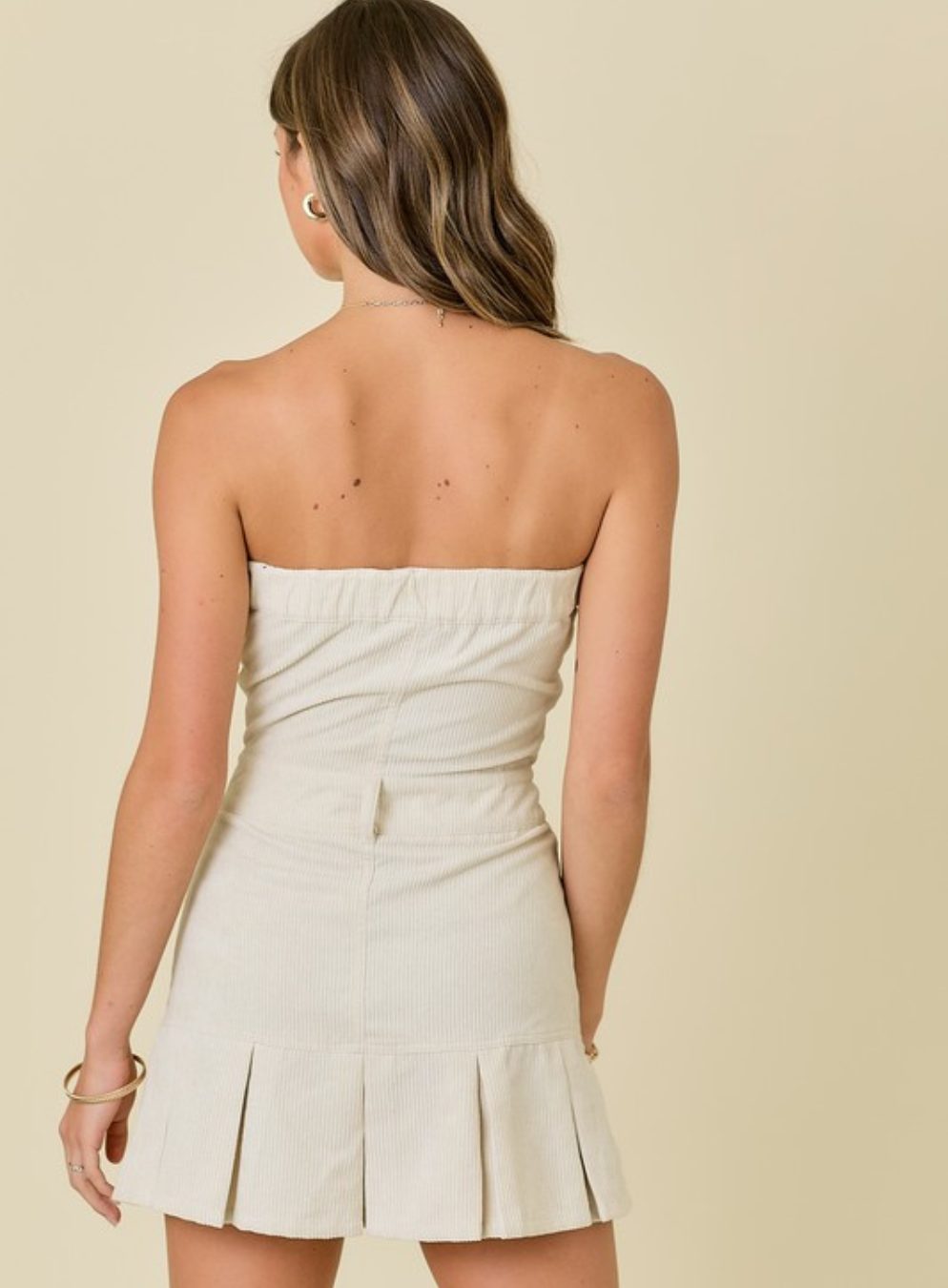 Strapless Corduroy Pleated Mini Dress