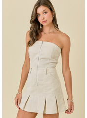 Strapless Corduroy Pleated Mini Dress
