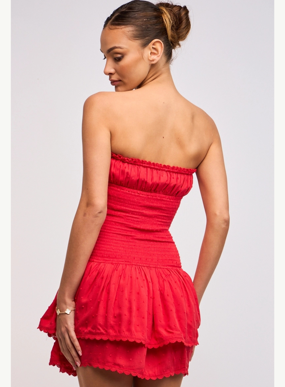 Strapless Smocked Swiss Dot Ruffle Mini Dress
