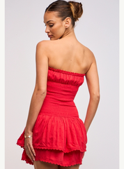 Strapless Smocked Swiss Dot Ruffle Mini Dress