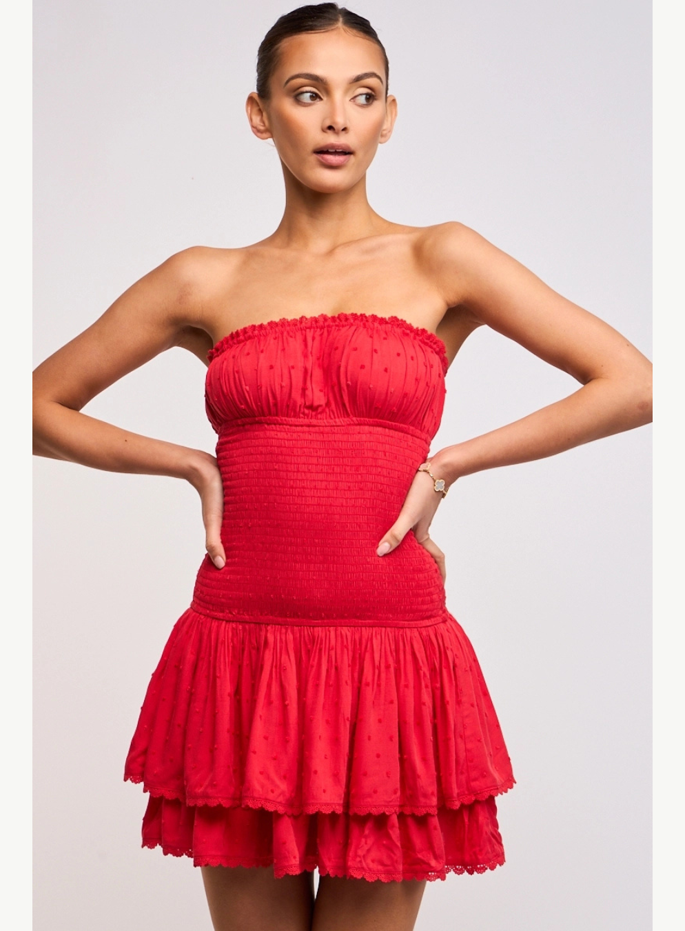 Strapless Smocked Swiss Dot Ruffle Mini Dress