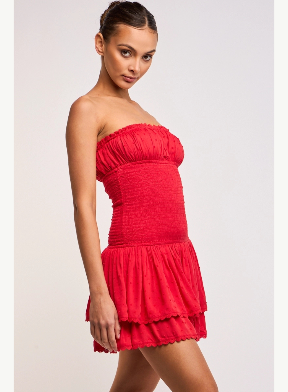 Strapless Smocked Swiss Dot Ruffle Mini Dress Highly Praise Strapless Smocked Swiss Dot Ruffle Mini Dress Highly Praise