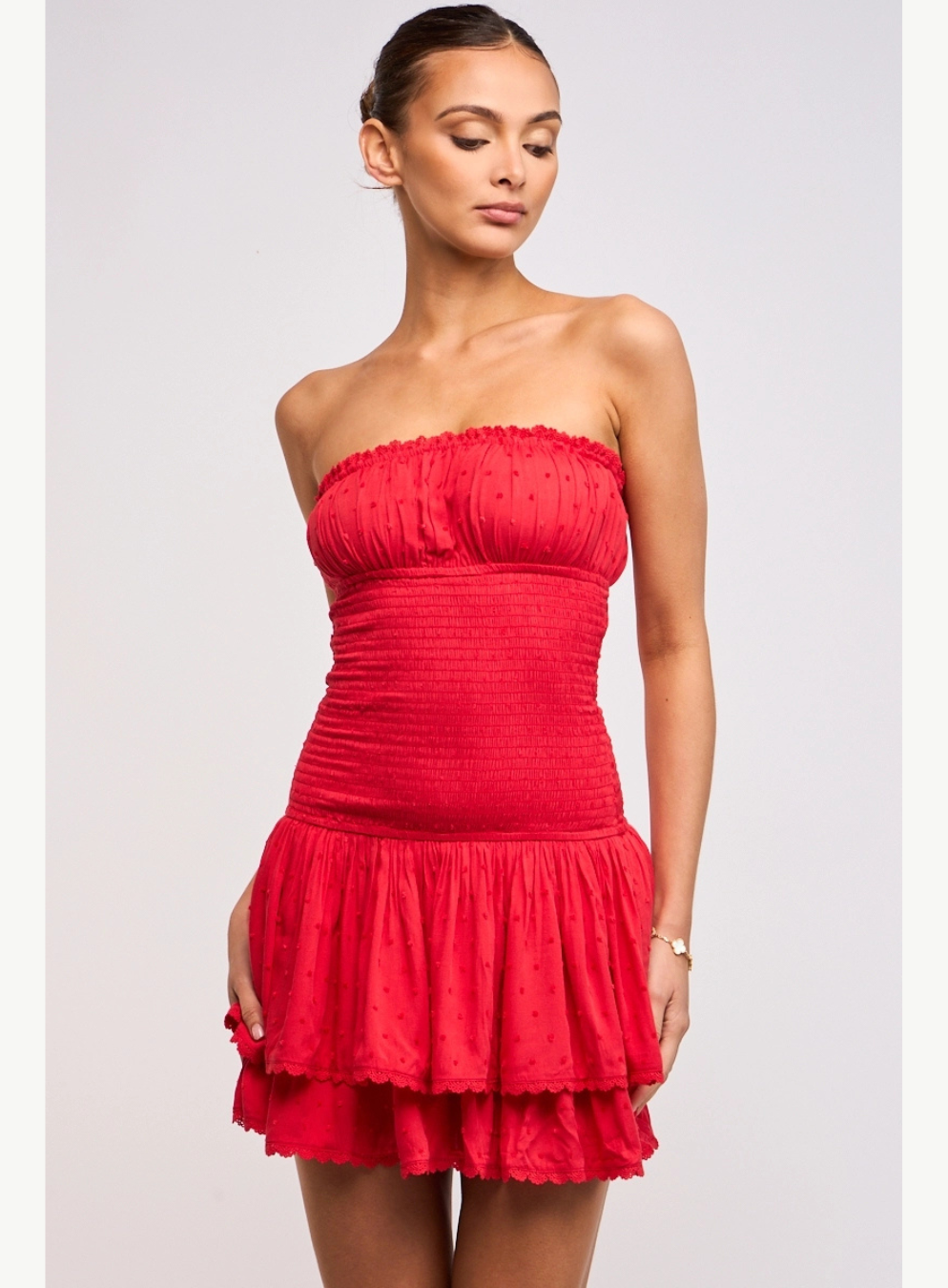 Strapless Smocked Swiss Dot Ruffle Mini Dress