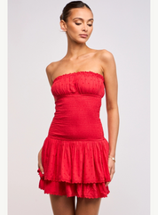 Strapless Smocked Swiss Dot Ruffle Mini Dress
